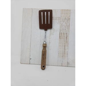 Vintage Spatula 11" Long 3 Slotted Brown Nylon/ Wood Handle Country Cottagecore